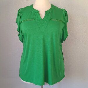 Truself 2X Blouse Kelly Green Flutter Sleeves V-Neck Soft Jersey Top